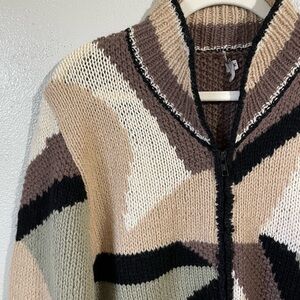 Vintage 100% Wool Zip Front Cardigan Geometric Colorblock Sweater Size M Warmest
